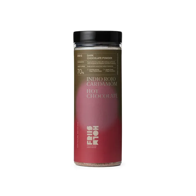 Friis-Holm Indio Rojo varm sjokolade 200 g kardemomme 70 %
