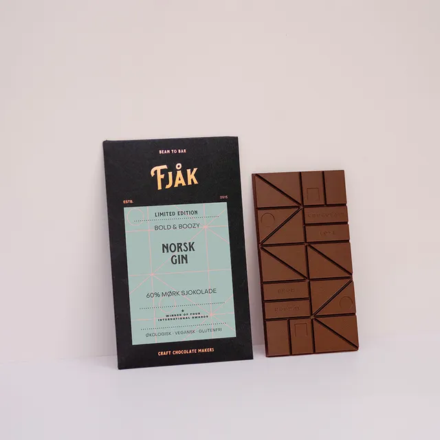 Fjåk Chocolate Norwegian Gin sjokoladeplate gin