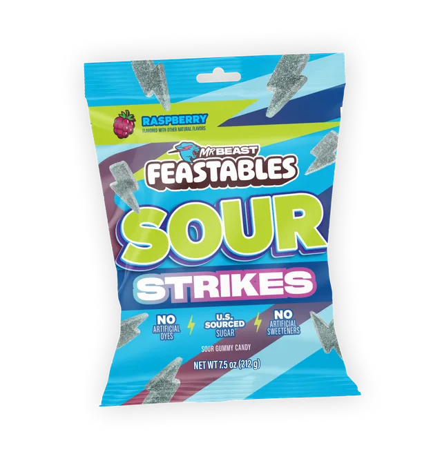 Feastables Sour Strikes vingummi bringebær 9 poser sur