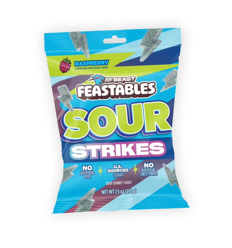 Feastables Sour Strikes vingummi bringebær 9 poser sur