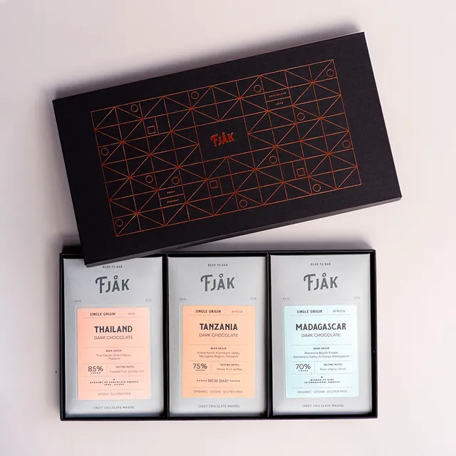 Fjåk Chocolate Single Origin gaveeske norsk håndverk