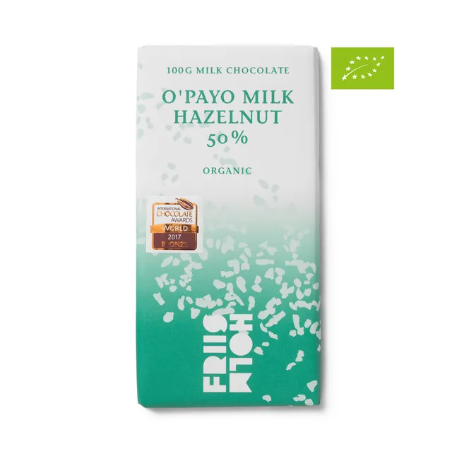 Friis-Holm O'Payo Milk Hazelnut 50 % melkesjokolade 100 g økologisk