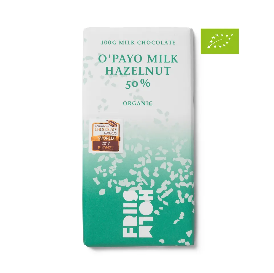 Friis-Holm O'Payo Milk Hazelnut 50 % melkesjokolade 100 g økologisk