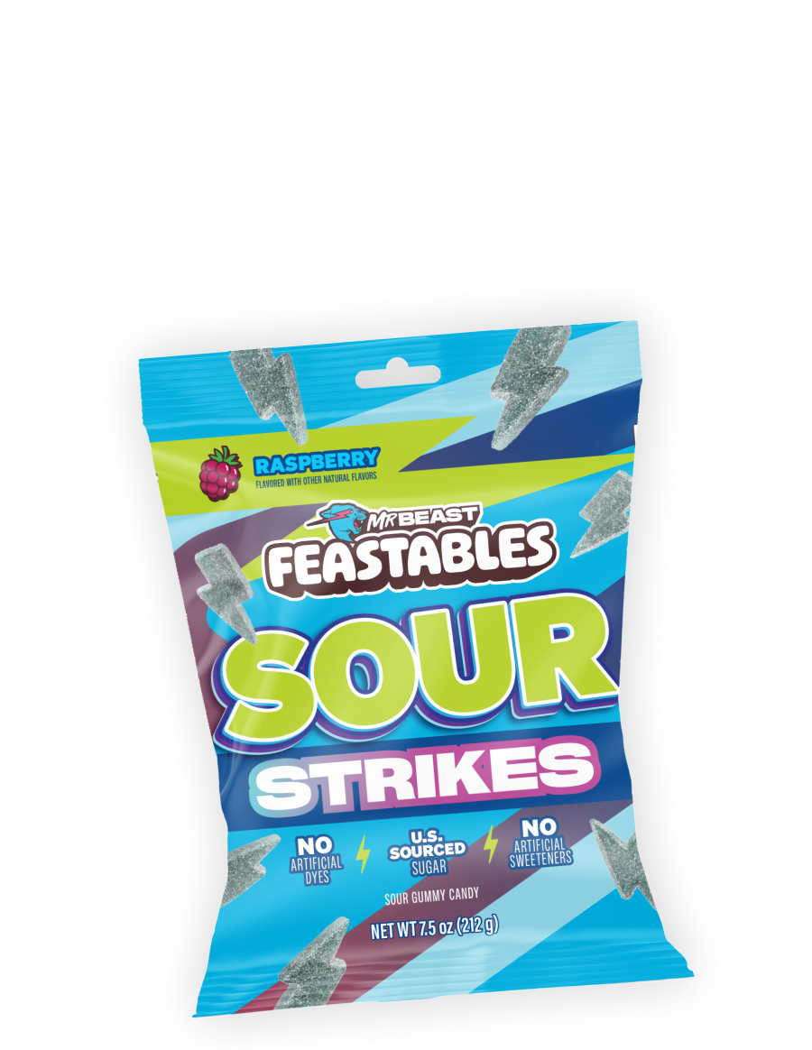 Feastables Sour Strikes vingummi bringebær 9 poser sur