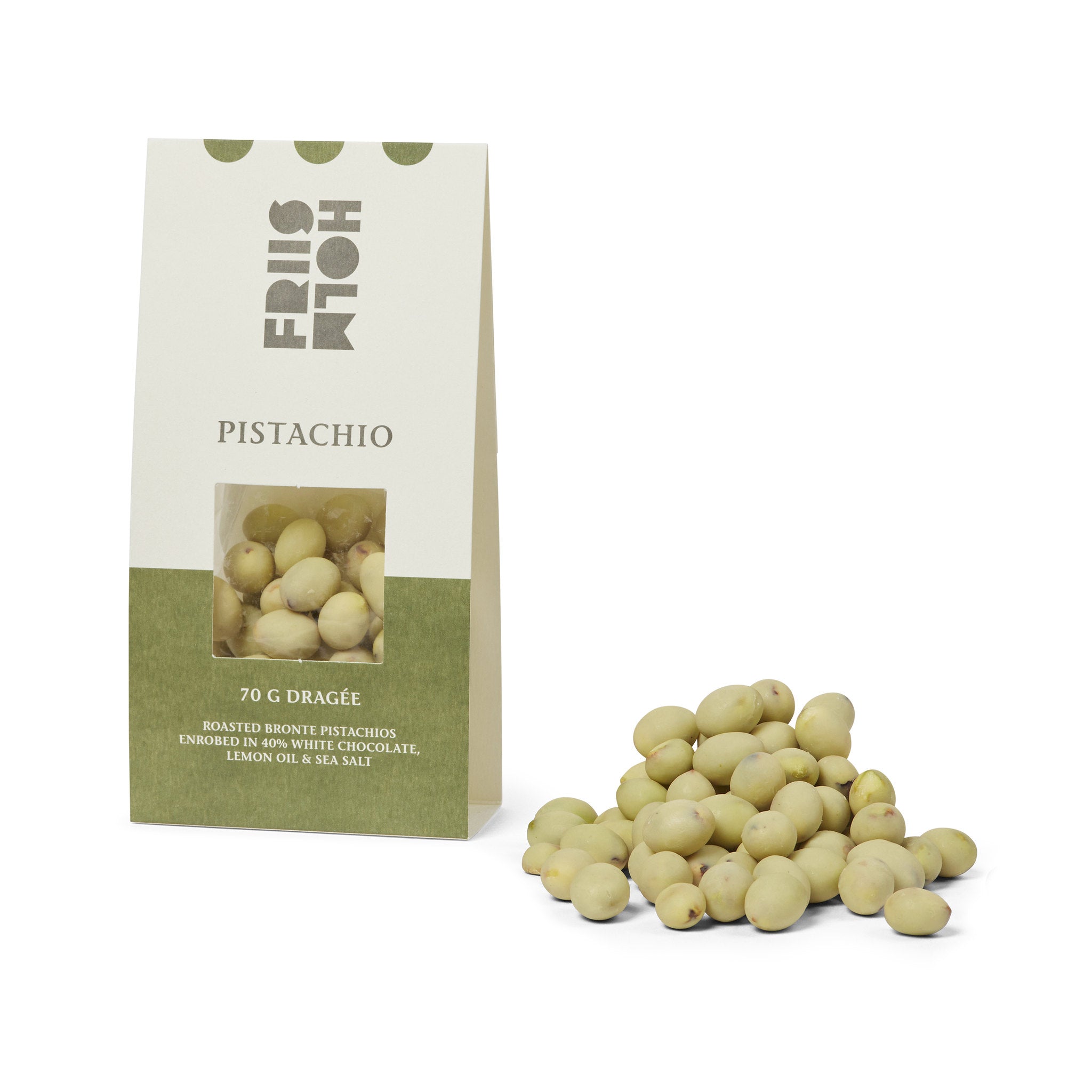 Friis-Holm Dragee pistasj hvit sjokolade 70 g Bronte
