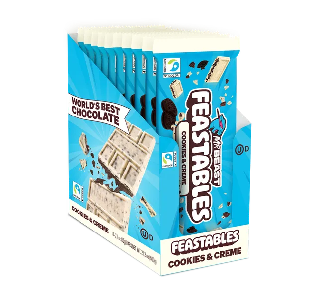 Feastables Cookies & Creme sjokoladeplate 10 pk hvit