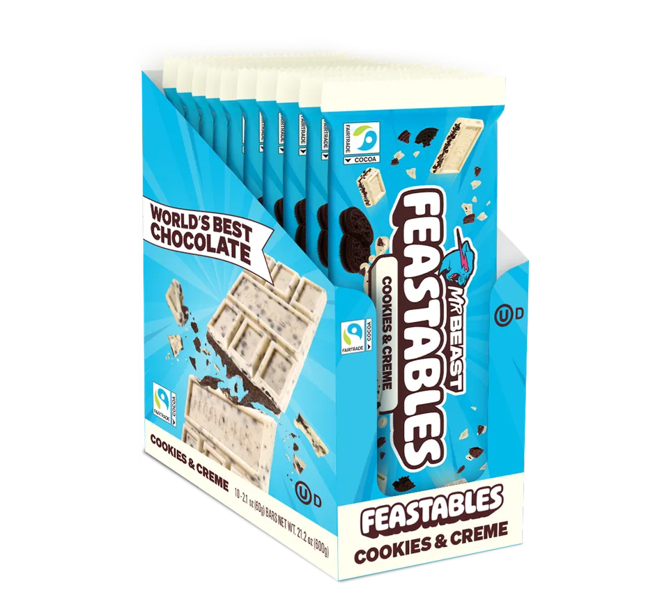 Feastables Cookies & Creme sjokoladeplate 10 pk hvit