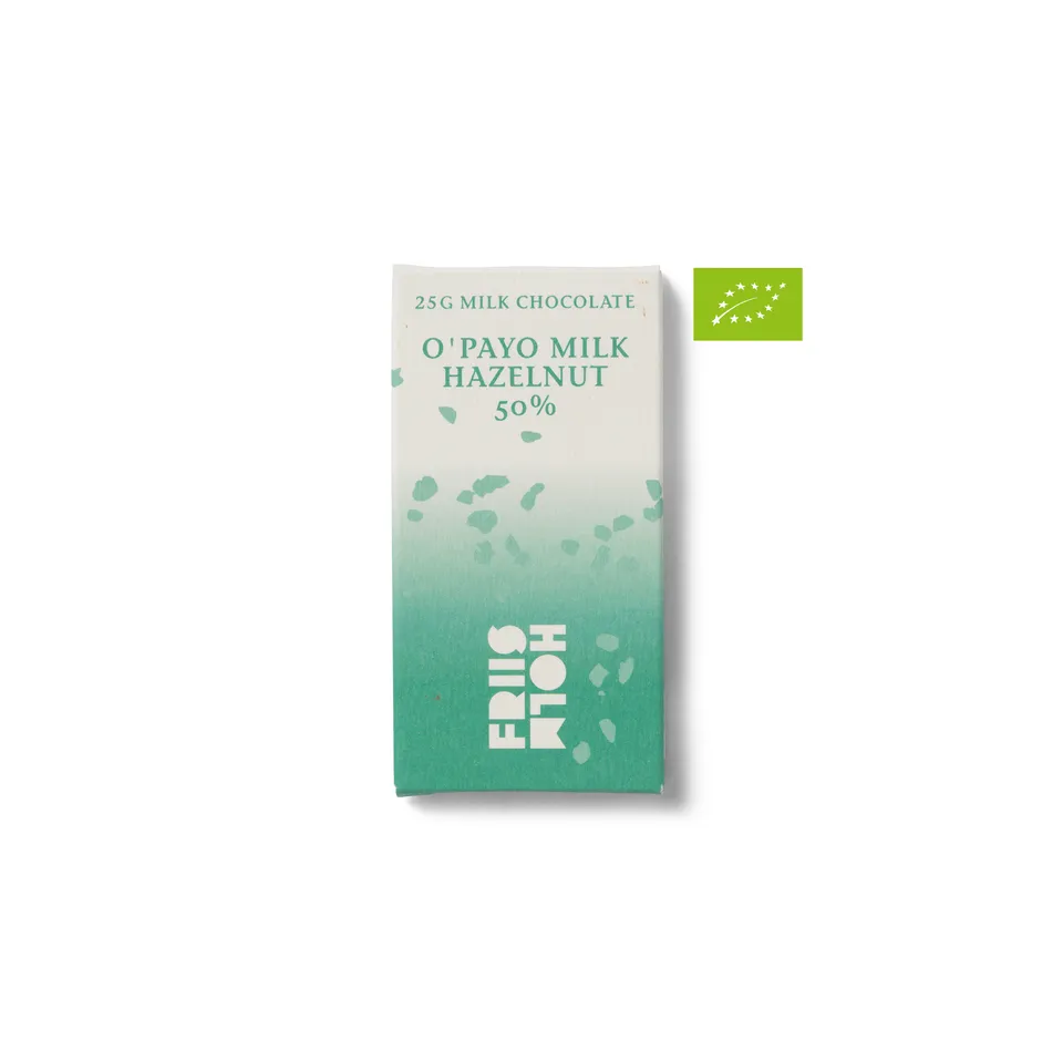 Friis-Holm O'Payo melkesjokolade hasselnøtt 50% 25 g
